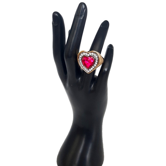 KURT GEIGER LONDON Pink Crystal Halo Heart Gold Plated Cocktail Ring Size 7 - Picture 1 of 11